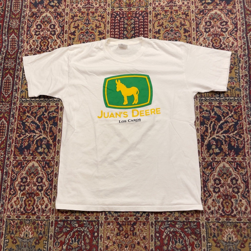 VTG 90s Juans Deere Los‎ Cabos Mexico Parody Graphic T-Shirt Mens Medium White